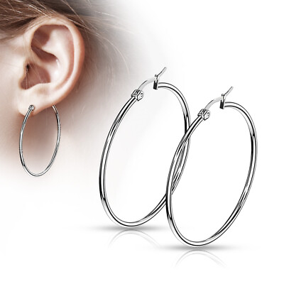 #ad PAIR of Round Hoop Earrings Silver Color 22g 316L Stainless Steel