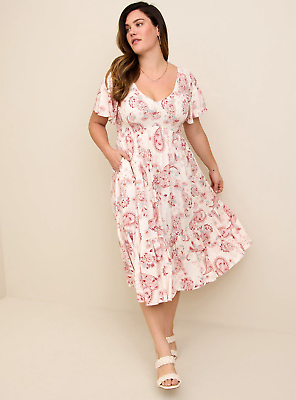 #ad Torrid Midi Challis Flutter sleeve Pink Floral Paisley Print Size 00 10 Medi NWT
