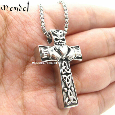 #ad MENDEL Stainless Steel Irish Celtic Trinity Knot Claddagh Cross Pendant Necklace