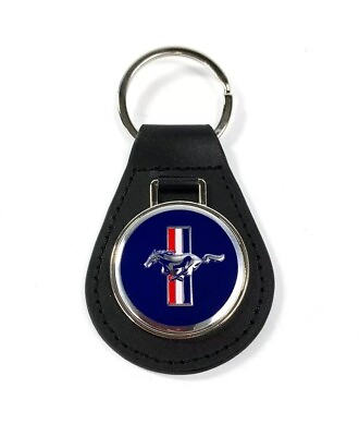 #ad Blue Ford Mustang Tri Bar Pony Emblem Keychain Fob Black Leather Licensed