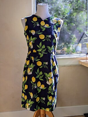 #ad retro vintage mod sheath dress retro navy lemon citrus print sleeveless 50s