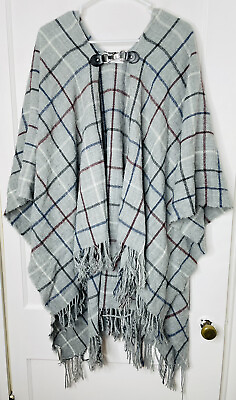 #ad Charter Club Womens Knit Poncho One Size OS Gray Plaid Fringe Buckle Relaxed