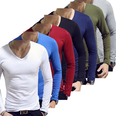 #ad Mens Long Sleeve V Neck T shirt Stretch Undershirt Casual Solid Slim Fit Tops