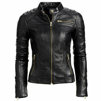 #ad Womens Black Cafe Racer Genuine Leather Slim fit Rave Biker Jacket FREE SHIPPING