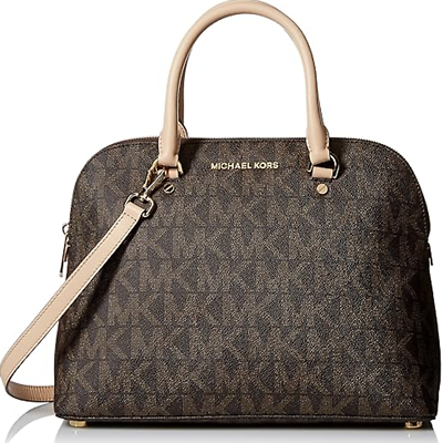 #ad Michael Kors Cindy Large Leather Bag Dome Satchel Purse Brown Handbag Zipper New