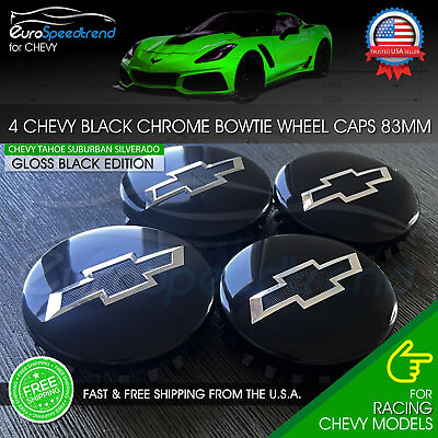 #ad Chevy 83mm Black Wheel Center Hub Caps Bowtie Silverado Tahoe Suburban 2014 2021