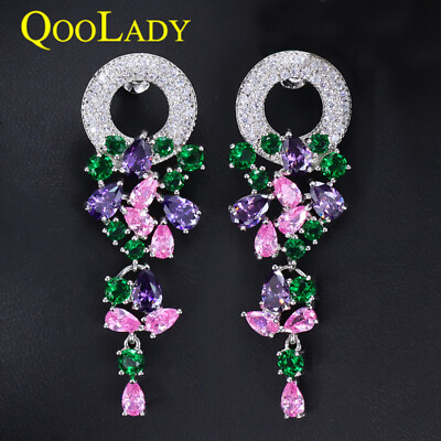 #ad Multi Pink Purple Color Long Dangle Water Drop Earrings for Women Fashion Brand