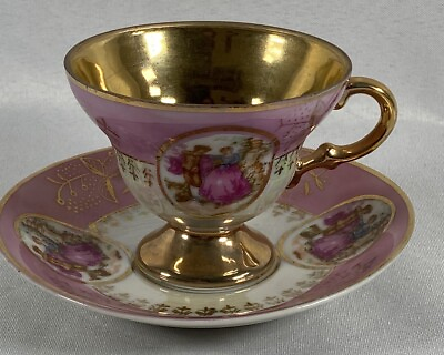 #ad Royal Crown Footed Small Teacup Saucer Courting Couple Pink Gold Trim amp; Interior