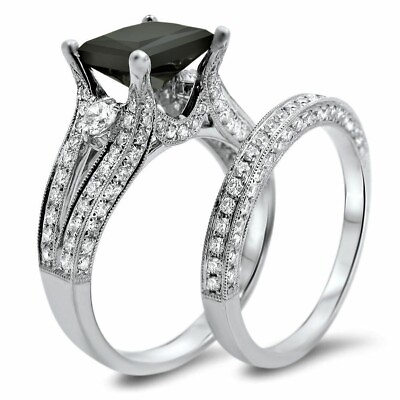 #ad 3.34 Ct Black Diamond Bridal Set Silver Ring Lab Created Engagement Jewelry @@