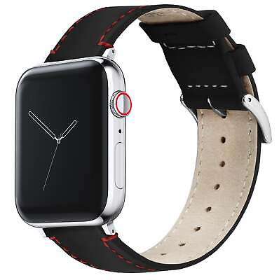 #ad Apple Watch Black Leather Crimson Red Stitching Watch Band Watch Band