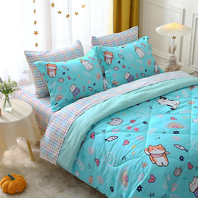 #ad Cute Kids Cat Comforter Set Full Size 7 Piece Blue Rainbow Star Sun Heart Bed in