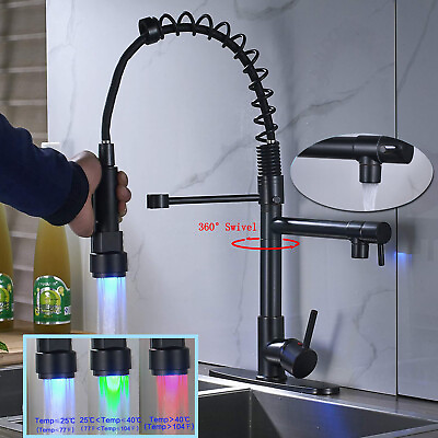 #ad Commercial LED Kitchen Sink Faucet Black Mixer Tap Pull Down Sprayer with Cover
