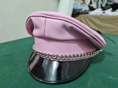 #ad Real Leather pink Leather Biker Peaked Muir Army Police Gay Chain Cap Party Hat