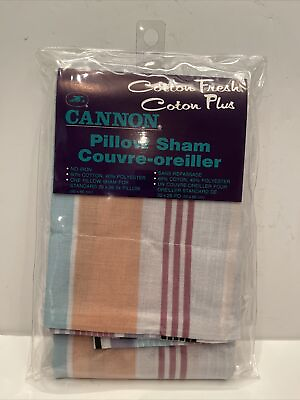 #ad VINTAGE New CANNON Cotton Fresh Pillow Sham Blue Peach Black Stripes 20x26 Sheet
