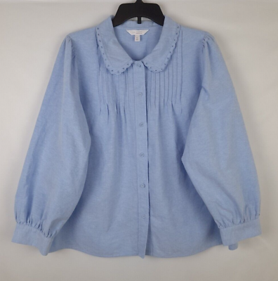 #ad Lauren Conrad Size XL Peter Pan Collar Button Front Blue Shirt Long Sleeves