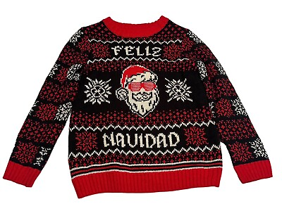 #ad Christmas Sweater Santa Claus Feliz Navidad Red Black XS 4 5 Youth
