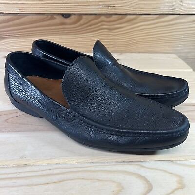 #ad A Testoni Dinamico Mens Loafer Shoes Size 8 Grained Black Leather Slip On