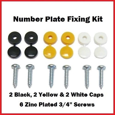 #ad Number Plate Fitting Kit 6 SCREWS amp; White Black amp; Yellow CAPS