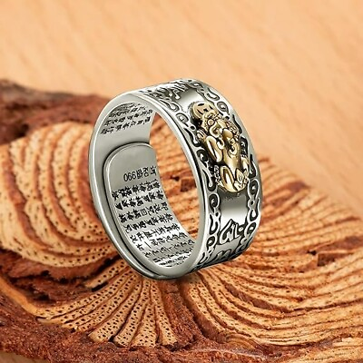 #ad 990 Silver Retro Carved Pixiu Good Luck Feng Shui Adjustable Open Men Women Ring