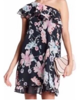 #ad New Eliza J one shoulder floral dress ruffle size 6 BNWOT Dark Green Black