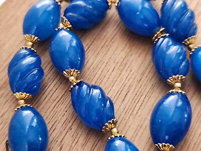 #ad Oblong Lapis Blue Art Glass Beaded Necklace Gold Tone Spacer Beads Vintage 79g