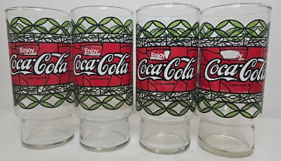 #ad Set Of 4 Vintage Coca Cola Tiffany Style Stained Glass Drinking Glasses