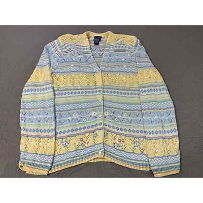 #ad Leon Levin Cardigan Sweater Hand Loomed Knitted Large Yellow Blue Pastel Granny