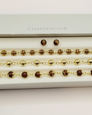 #ad Tiger Eye Ball Bracelet amp; Earrings Boxed 4 pc Set Lot Gold tone BOX SET