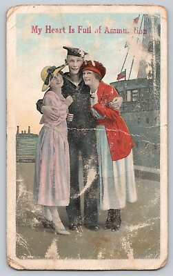 #ad Postcard Military Navy Sailor With Women quot;My Heart Is Full Of Ammunitionquot;