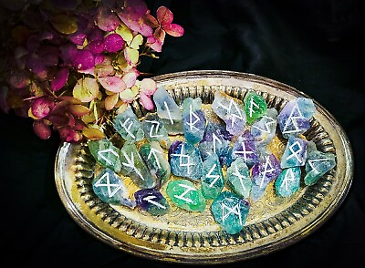 #ad Fluorite Handmade Runestone Set Nordic Heathen Runes Pagan Alter Supplies C $52.00
