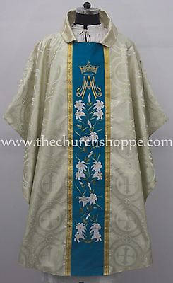 #ad Gold Metallic with Marian blue Gothic Vestment and Stole set with AVE MARIA