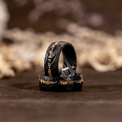 #ad Damascus Meteorite amp; Crushed Gold Leaf Men Wedding Band Black Hammered Ring