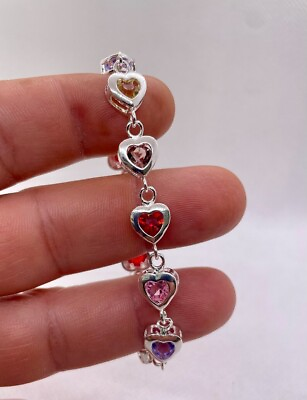 #ad Multi Color Heart Chain Bracelet 925 Sterling Silver 8” Adjustable