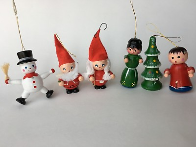 #ad Vintage Christmas Ornament Wood Lot Santa Mrs Claus Snowman Tree People