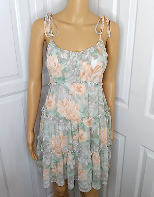 #ad Women#x27;s Small Floral Peach Beachy Ruffled Babydoll Summer Dress String Straps