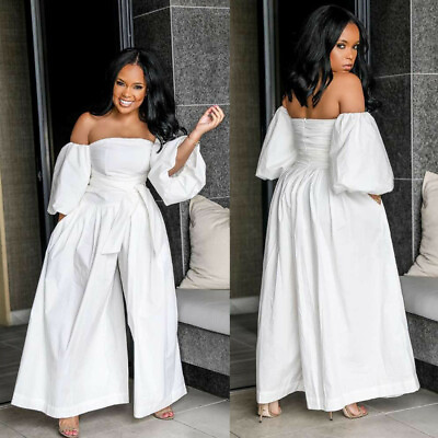 #ad New Fashion Women Puff Sleeves Off Shoulder Casual Loose Long Wide Leg Jumpsuit