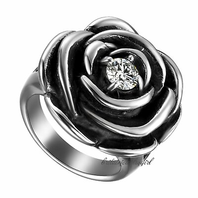 #ad Women Retro Stainless Steel Full Bloom Rose Flower Ring Wedding Engagement Band