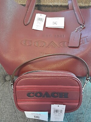 #ad Coach CC050 Cameron Large Wine Pebbled Leather Shoulder Tote Bag Purse With Tags