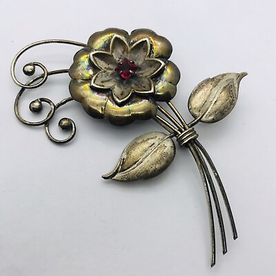 #ad 11.4g 925 STERLING SILVER ANTIQUE PASTE ROSE CUT RAINBOW FLORAL TONING BROOCH