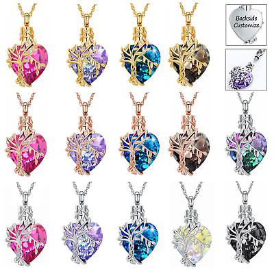 #ad Tree of Life Crystal Heart Urn Pendant Necklace Cremation Ashes Memorial Jewelry