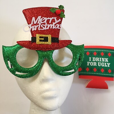 #ad Holiday Novelty Eye Glasses Merry Christmas plus Can Cozie I Drink for Ugly Red