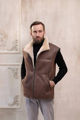 #ad Men#x27;s Brown Sheepskin Leather amp; 100% Genuine Sheepskin Wool Gilet Vest