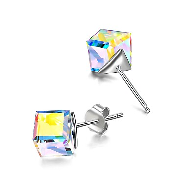 #ad Aurora Borealis Square Crystal Stud Earrings Made With Swarovski Elements
