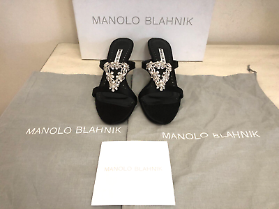 #ad $1145 Manolo Blahnik Trinamu Black Kitten Heels Crystal Embellishment Sandals 37