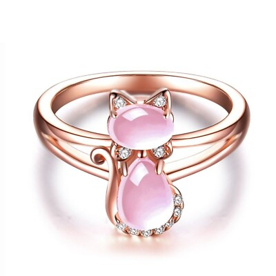 #ad Cat Animal Crystal Ring Pink Opal Rings Rose Gold Color Metal Women Finger Bands