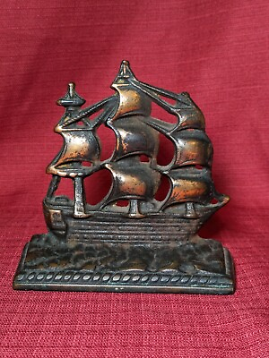 #ad Antique Cast Iron Bronze Wash Old Ironside Bookend Antique Nautical Decor