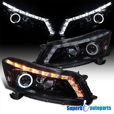 #ad Fits 2008 2012 Honda Accord 4Dr Halo Projector Headlights LED Strip Glossy Black