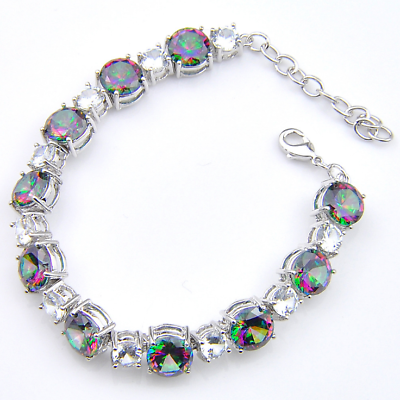 #ad 7.5 In White Gold Silver 8mm Round Colorful Cubic Zirconia CZ Tennis Bracelet S3