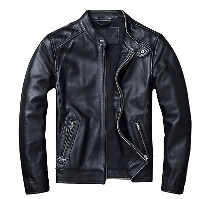 #ad Men#x27;s Motorcycle Biker Spring Natural Sheepskin Genuine Leather Jackets