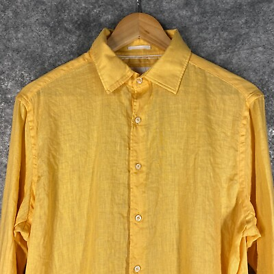 #ad Porter and Ash Shirt Mens Medium Yellow Orange Lux All Linen Long Sleeve Button